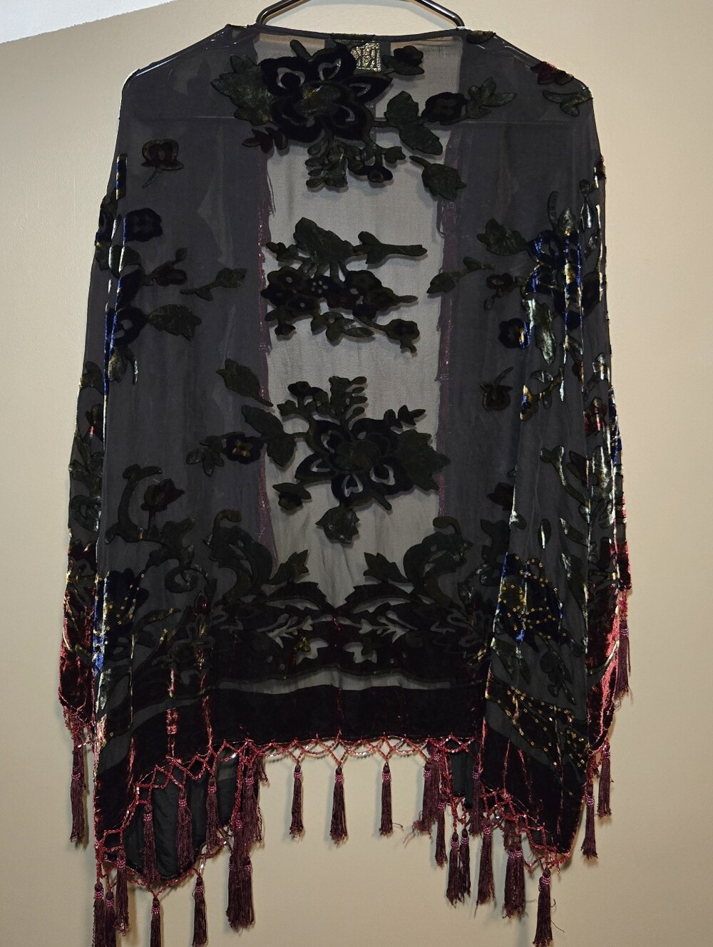 R&K Originals Women's 1X Silk Burnout Velvet Kimono Cardigan Burgundy Fringe - Picture 7 of 16